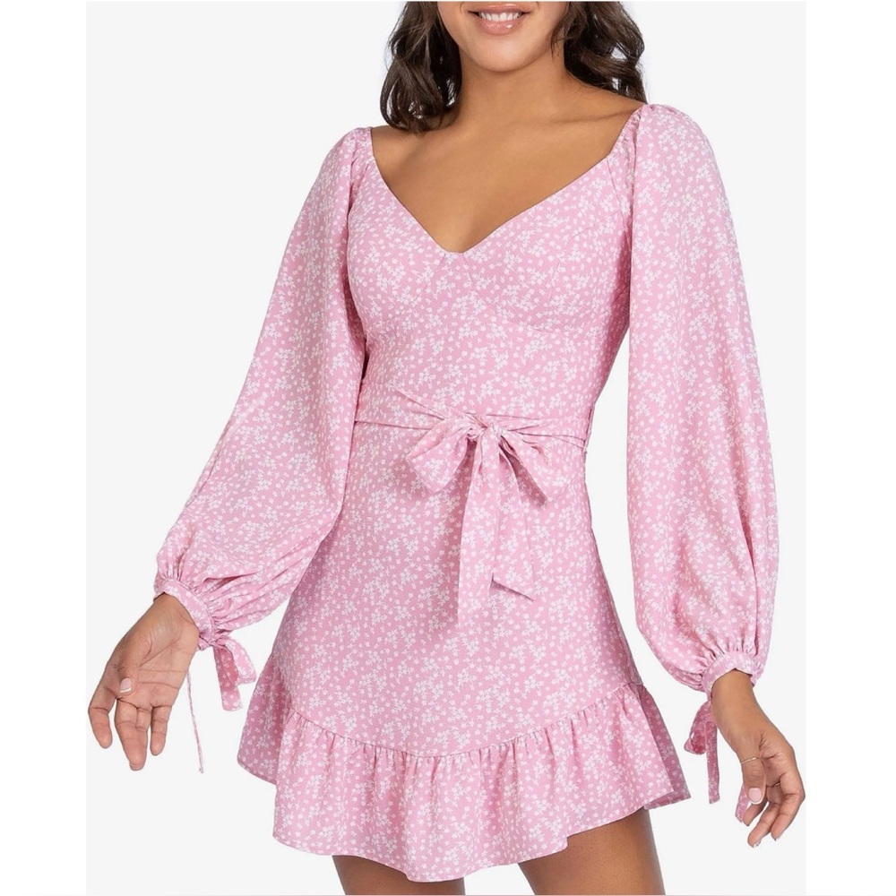 NWT B Darlin Pink Balloon Sleeve V Neck Ruffled Hem Mini Dress